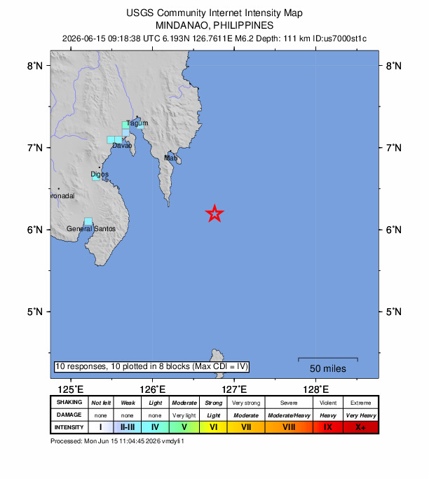 USGS DYFI community-reported intensity map for the M6.2 earthquake near 67 km ESE of Pondaguitan, Philippines