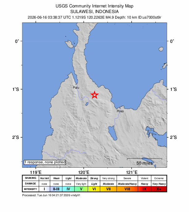 USGS DYFI community-reported intensity map for the M4.9 earthquake near 46 km ESE of Palu, Indonesia