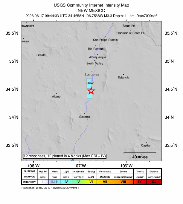 USGS DYFI community-reported intensity map for the M3.3 earthquake near 1 km SE of Las Nutrias, New Mexico