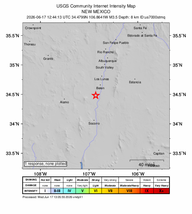 USGS DYFI community-reported intensity map for the M3.5 earthquake near 5 km WNW of Abeytas, New Mexico