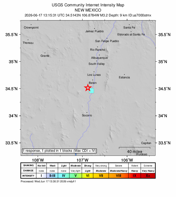 USGS DYFI community-reported intensity map for the M3.2 earthquake near 8 km NW of Abeytas, New Mexico