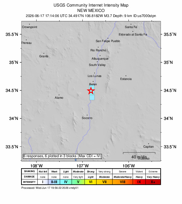 USGS DYFI community-reported intensity map for the M3.7 earthquake near 2 km NNW of Abeytas, New Mexico