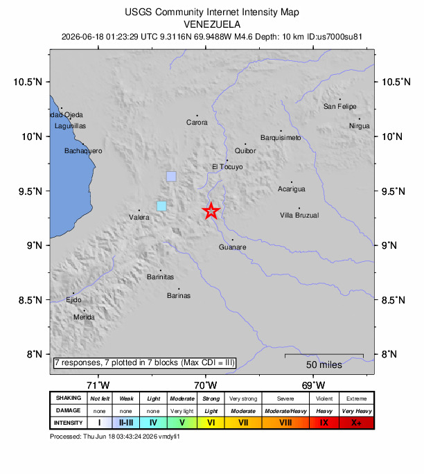 USGS DYFI community-reported intensity map for the M4.6 earthquake near 33 km E of Boconó, Venezuela