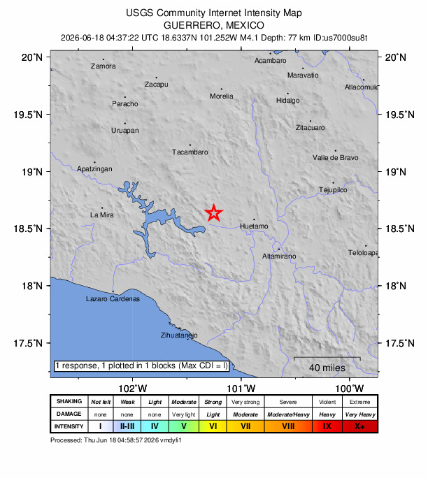 USGS DYFI community-reported intensity map for the M4.1 earthquake near 20 km NE of Aratichanguío, Mexico