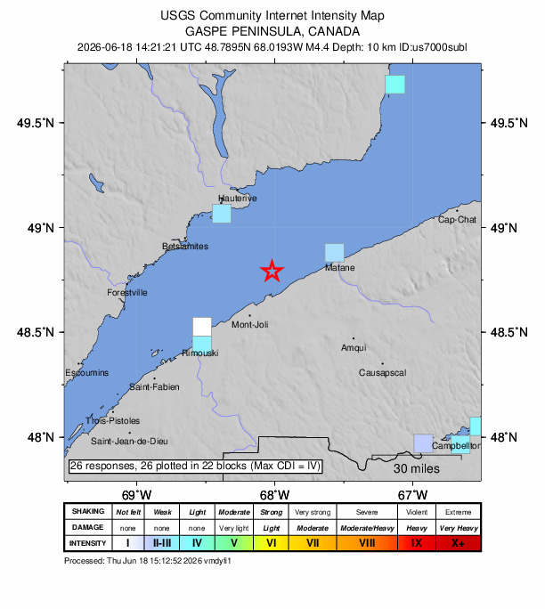 USGS DYFI community-reported intensity map for the M4.4 earthquake near 26 km NNE of Mont-Joli, Canada