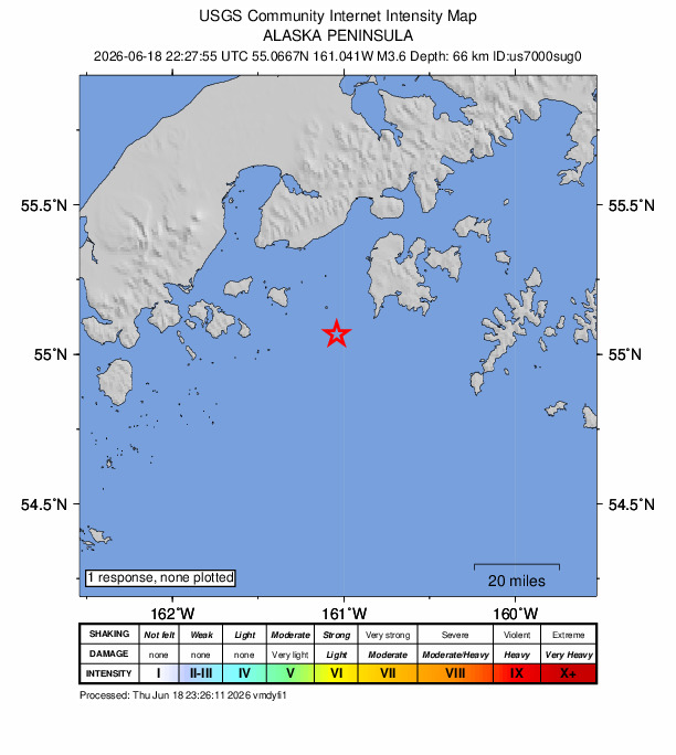 USGS DYFI community-reported intensity map for the M3.6 earthquake near 45 km SW of Sand Point, Alaska