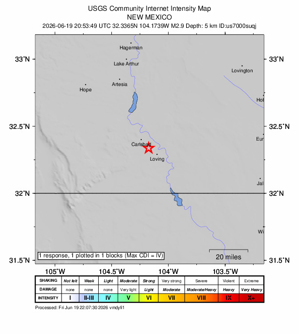 USGS DYFI community-reported intensity map for the M2.9 earthquake near 6 km SSE of Livingston Wheeler, New Mexico