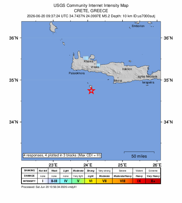 USGS DYFI community-reported intensity map for the M5.2 earthquake near 10 km S of Kastrí, Greece