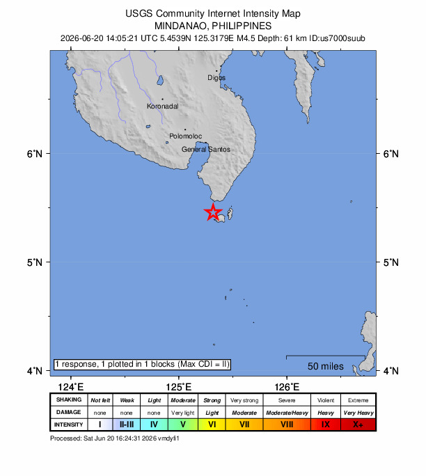 USGS DYFI community-reported intensity map for the M4.5 earthquake near 13 km SSW of Balangonan, Philippines
