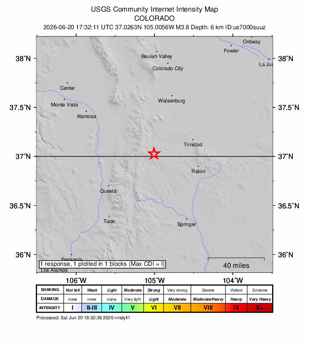 USGS DYFI community-reported intensity map for the M3.8 earthquake near 14 km SSE of Stonewall Gap, Colorado