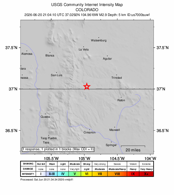 USGS DYFI community-reported intensity map for the M2.9 earthquake near 15 km SSE of Stonewall Gap, Colorado