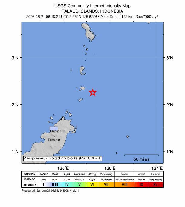 USGS DYFI community-reported intensity map for the M4.4 earthquake near 106 km NNE of Bitung, Indonesia