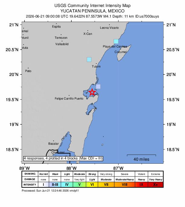 USGS DYFI community-reported intensity map for the M4.1 earthquake near 51 km E of Felipe Carrillo Puerto, Mexico