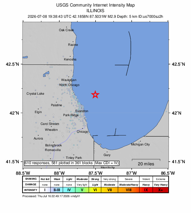 USGS DYFI community-reported intensity map for the M2.9 earthquake near 20 km ENE of Kenilworth, Illinois