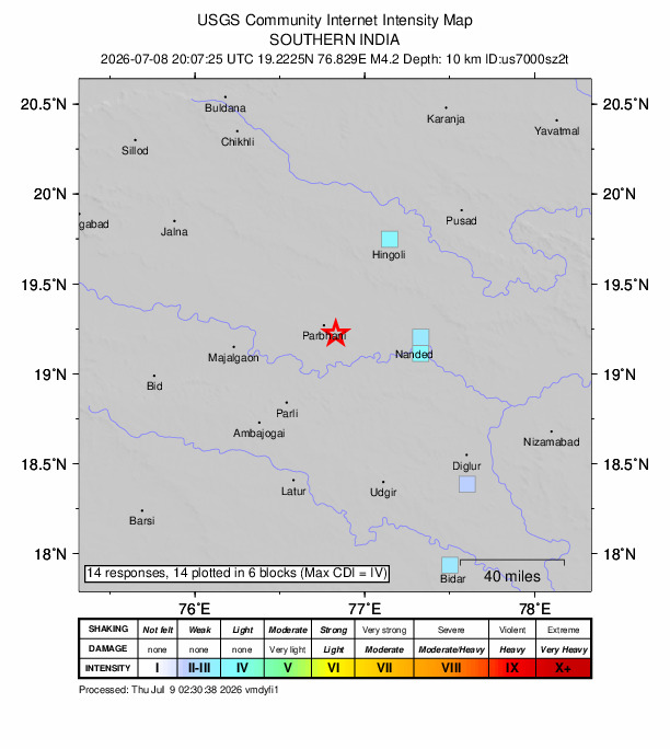 USGS DYFI community-reported intensity map for the M4.2 earthquake near 7 km SE of Parbhani, India