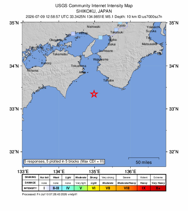 USGS DYFI community-reported intensity map for the M5.1 earthquake near 50 km SW of Shirahama, Japan