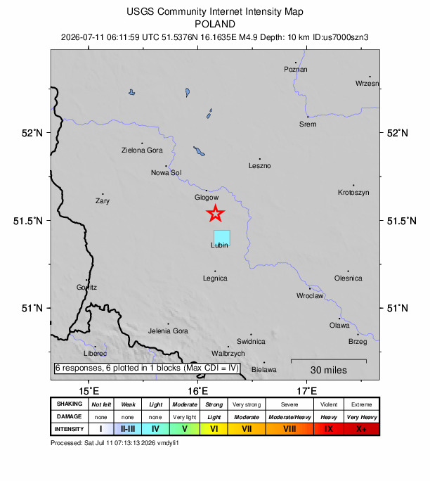 USGS DYFI community-reported intensity map for the M4.9 earthquake near 6 km S of Grębocice, Poland