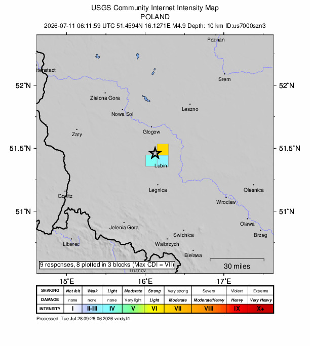 USGS DYFI community-reported intensity map for the M4.9 earthquake near 6 km S of Grębocice, Poland
