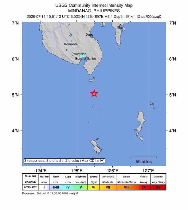USGS DYFI community-reported intensity map for the M5.4 earthquake near 41 km S of Sarangani, Philippines
