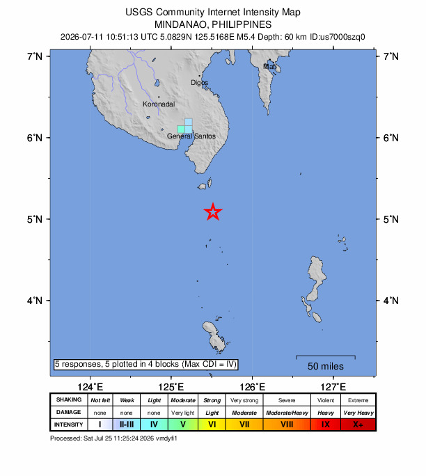 USGS DYFI community-reported intensity map for the M5.4 earthquake near 35 km S of Sarangani, Philippines