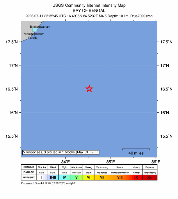 USGS DYFI community-reported intensity map for the M4.5 earthquake near 184 km SE of Yārāda, India