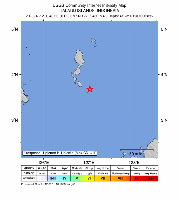 USGS DYFI community-reported intensity map for the M4.9 earthquake near 241 km NNW of Tobelo, Indonesia