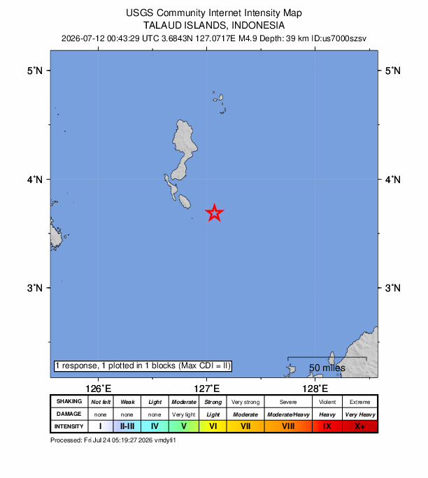 USGS DYFI community-reported intensity map for the M4.9 earthquake near 240 km NNW of Tobelo, Indonesia