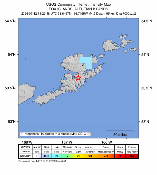USGS DYFI community-reported intensity map for the M4.5 earthquake near 27 km SSW of Unalaska, Alaska
