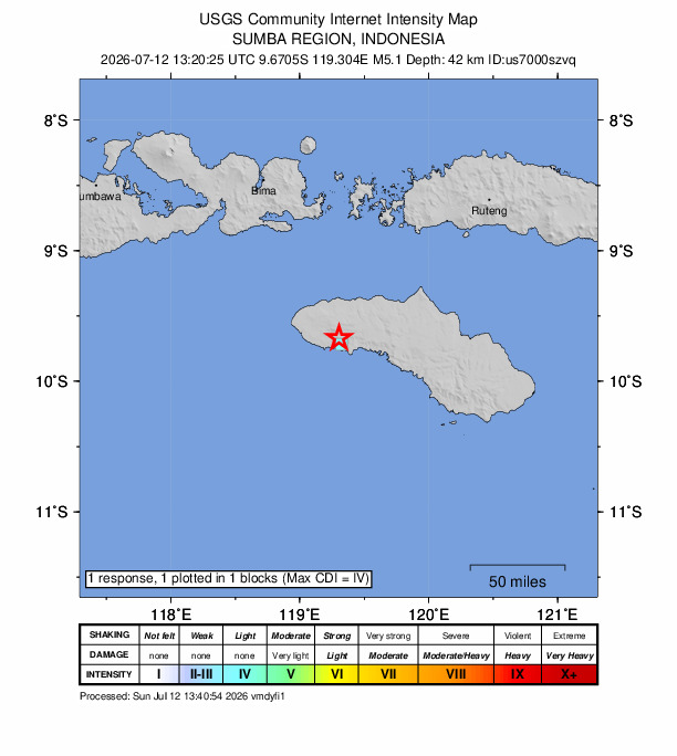 USGS DYFI community-reported intensity map for the M5.1 earthquake near 27 km SSE of Tambolaka, Indonesia
