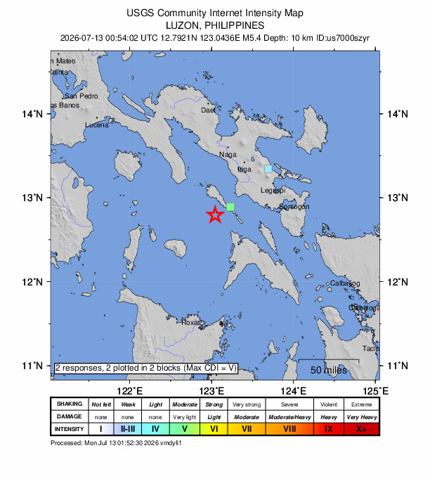 USGS DYFI community-reported intensity map for the M5.4 earthquake near 24 km W of Mabiton, Philippines
