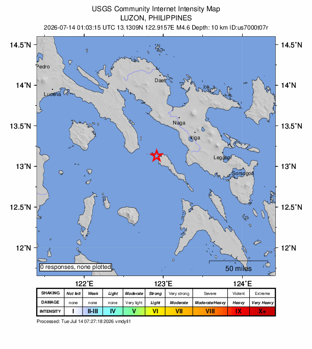 USGS DYFI community-reported intensity map for the M4.6 earthquake near 6 km NW of San Rafael, Philippines