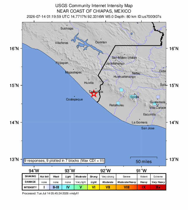 USGS DYFI community-reported intensity map for the M5.0 earthquake near 2 km WSW of Congregación Reforma, Mexico