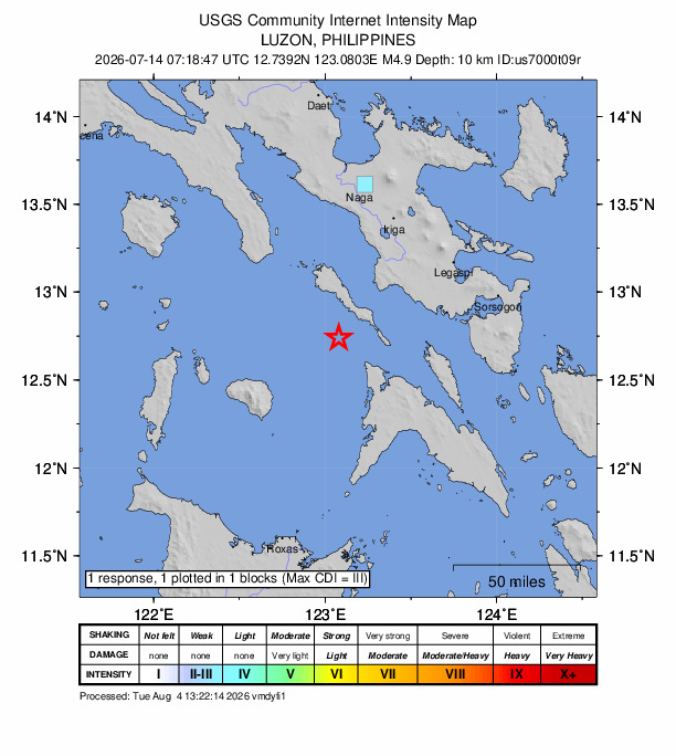 USGS DYFI community-reported intensity map for the M4.9 earthquake near 22 km WSW of Mabiton, Philippines