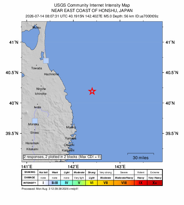USGS DYFI community-reported intensity map for the M5.0 earthquake near 50 km E of Noda, Japan