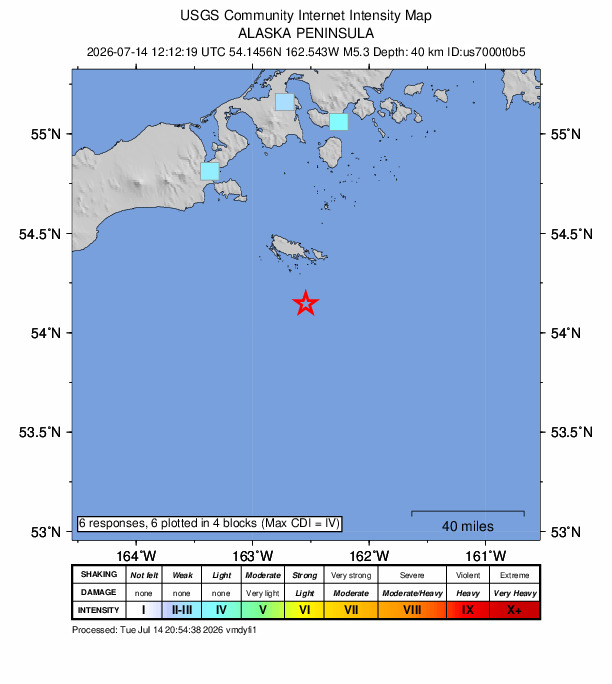 USGS DYFI community-reported intensity map for the M5.3 earthquake near 96 km SE of False Pass, Alaska