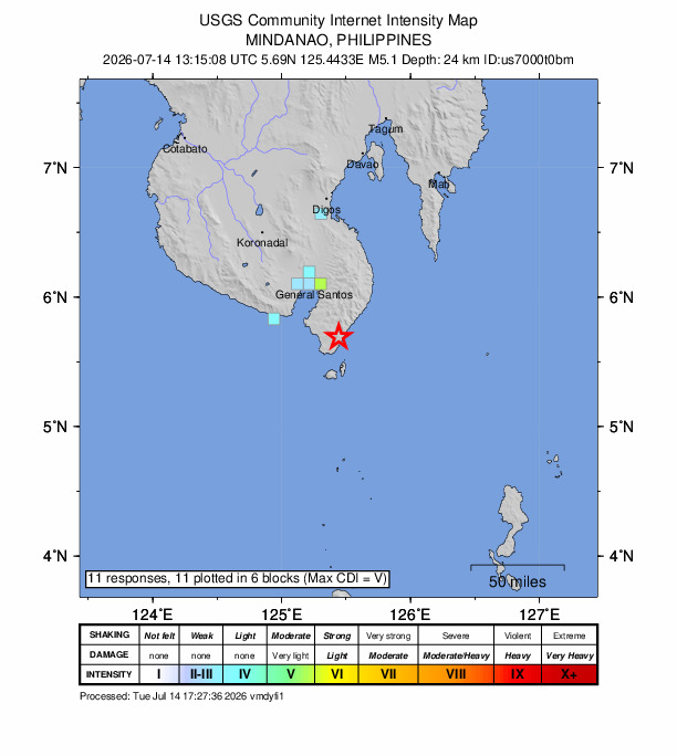 USGS DYFI community-reported intensity map for the M5.1 earthquake near 3 km NNW of Sugal, Philippines