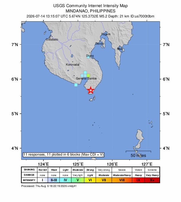 USGS DYFI community-reported intensity map for the M5.2 earthquake near 6 km NW of Nuing, Philippines