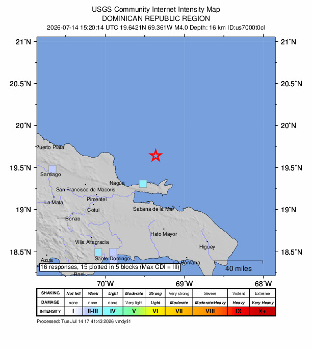 USGS DYFI community-reported intensity map for the M4.0 earthquake near 41 km NNE of Las Terrenas, Dominican Republic