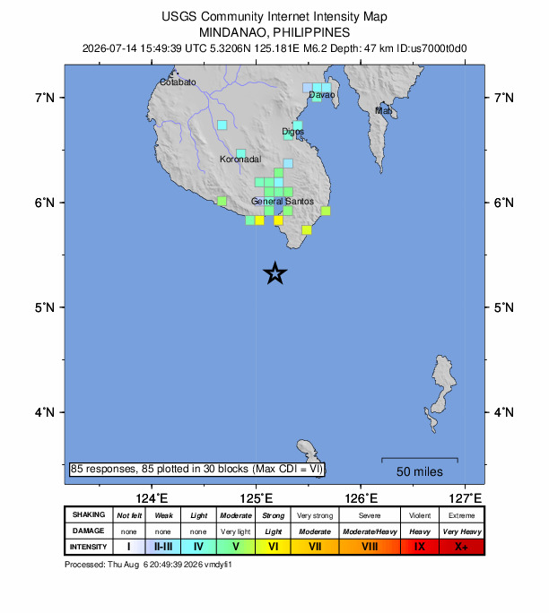 USGS DYFI community-reported intensity map for the M6.2 earthquake near 32 km WSW of Sarangani, Philippines