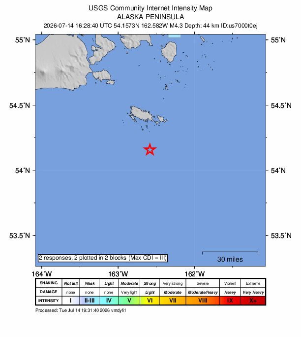 USGS DYFI community-reported intensity map for the M4.3 earthquake near 94 km SE of False Pass, Alaska