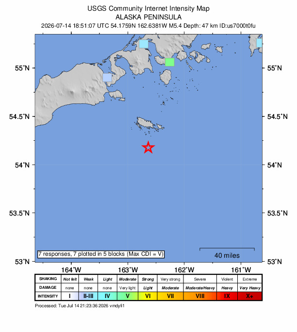 USGS DYFI community-reported intensity map for the M5.4 earthquake near 90 km SSE of False Pass, Alaska