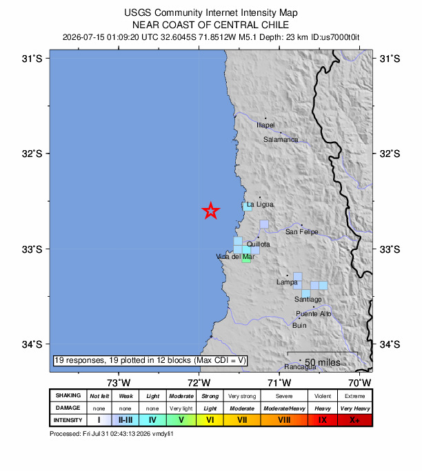 USGS DYFI community-reported intensity map for the M5.1 earthquake near 52 km NNW of Valparaíso, Chile