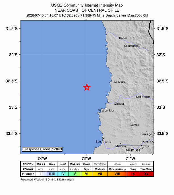 USGS DYFI community-reported intensity map for the M4.2 earthquake near 56 km NW of Valparaíso, Chile
