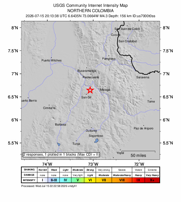 USGS DYFI community-reported intensity map for the M4.3 earthquake near 4 km N of Curití, Colombia