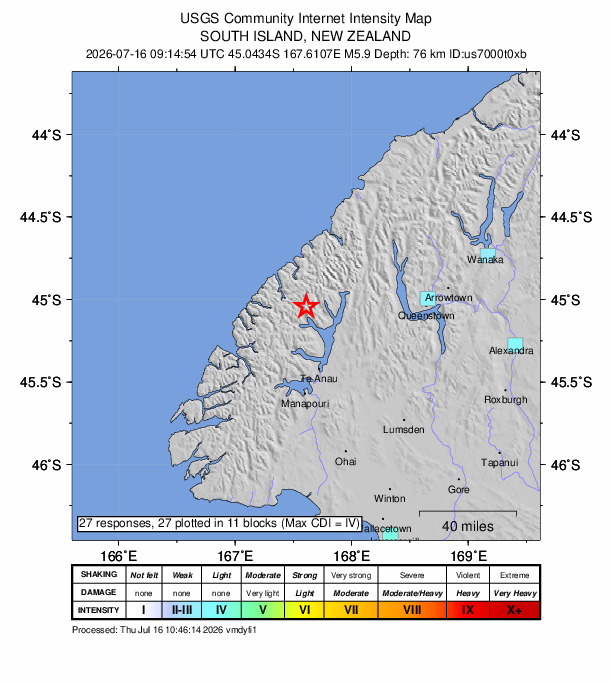 USGS DYFI community-reported intensity map for the M5.9 earthquake near 42 km NNW of Te Anau, New Zealand