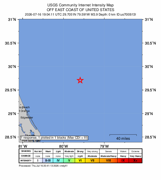 USGS DYFI community-reported intensity map for the M3.9 earthquake near 147 km ENE of Ponce Inlet, Florida