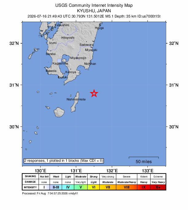USGS DYFI community-reported intensity map for the M5.1 earthquake near 48 km E of Nishinoomote, Japan