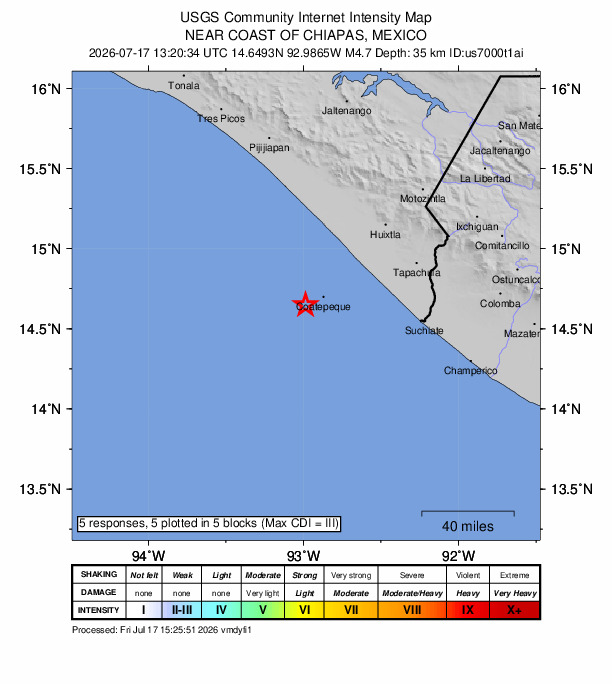USGS DYFI community-reported intensity map for the M4.7 earthquake near 60 km WSW of Aquiles Serdán, Mexico