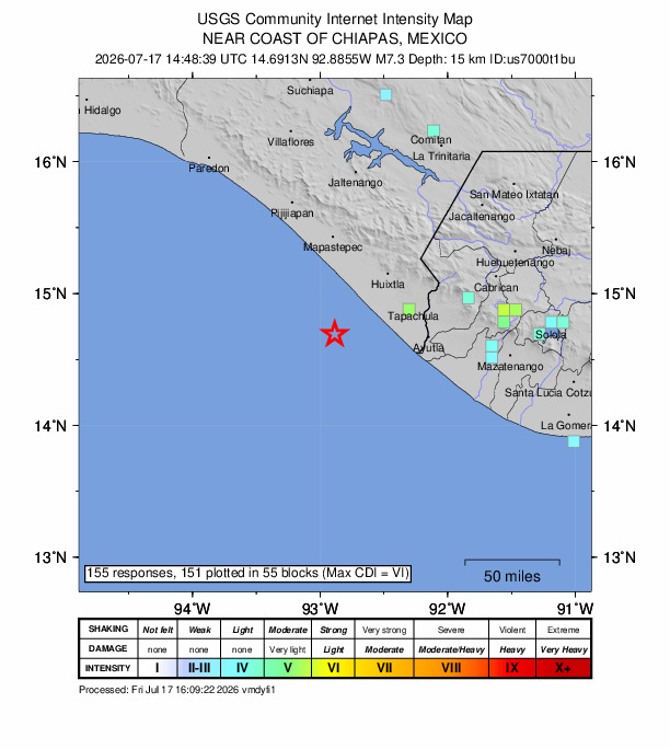 USGS DYFI community-reported intensity map for the M7.3 earthquake near 48 km SW of Aquiles Serdán, Mexico