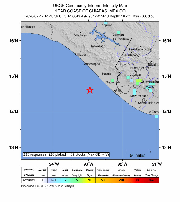 USGS DYFI community-reported intensity map for the M7.3 earthquake near 58 km WSW of Puerto Madero, Mexico